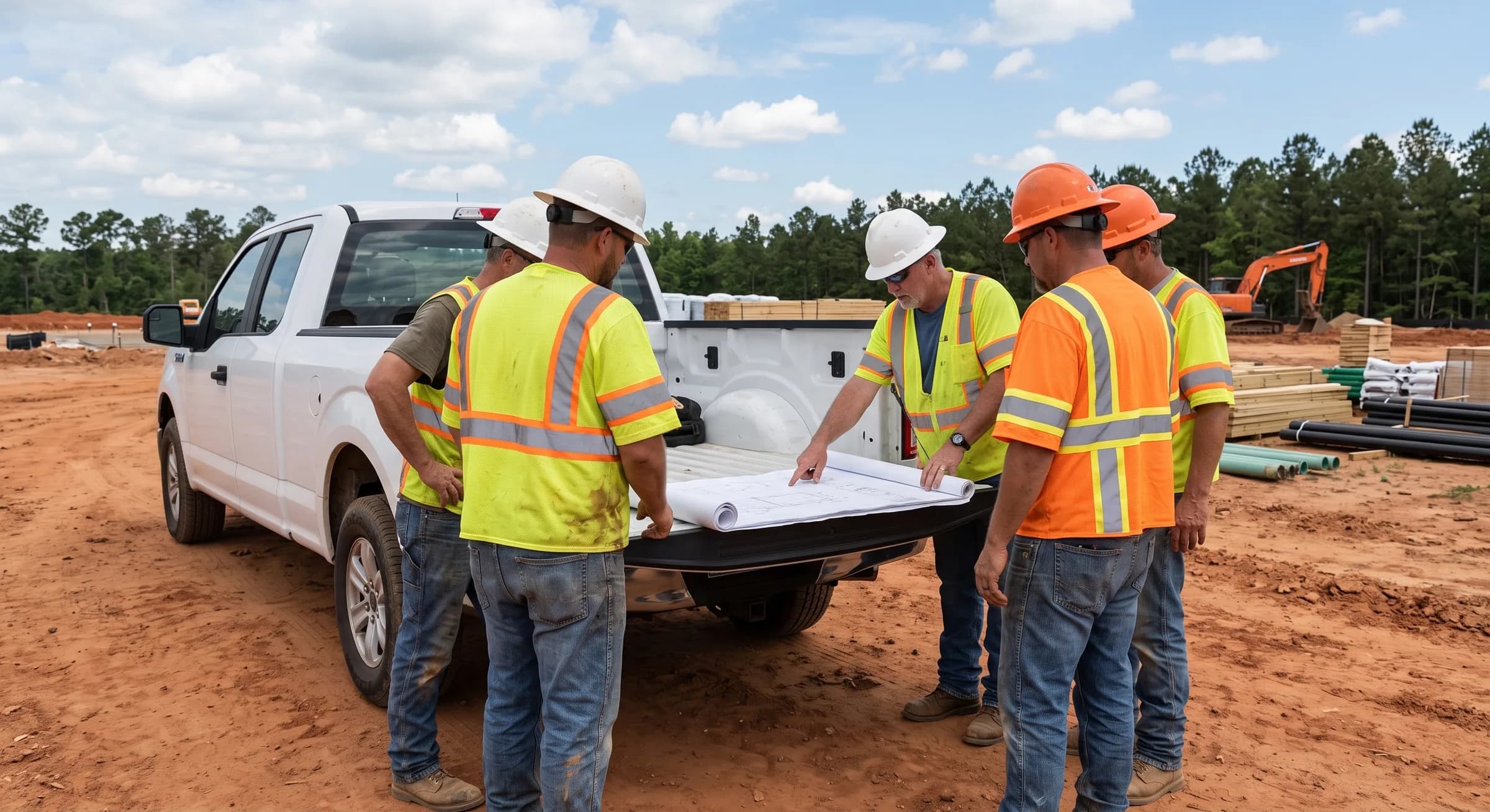 Construction crew in hi-vis reviewing drawings on a pickup tailgate at a jobsite