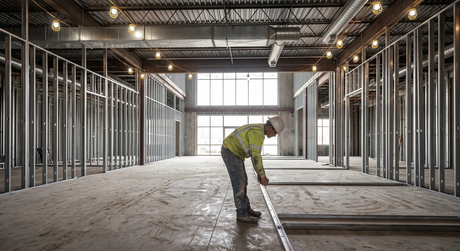 Steel stud framing and overhead ductwork in a commercial interior buildout
